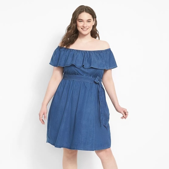 NWT Lane Bryant Convertible Off-The-Shoulder Chambray Fit & Flare Dress - Picture 1 of 10